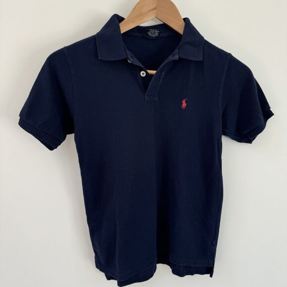 Ralph Lauren boys Polo Cotton Shirt Navy Blue Short Sleeve Size 7 Red Pony - Picture 1 of 14